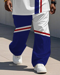 Men's Plus Size Blue And Red Stripe Colorblock Alphabet Print Henry Collar T-Shirt Trousers Suit