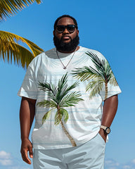 Big & Tall Men's Hawaiian Blue Coconut Stripe Print Round Neck Short Sleeve T-Shirt Shorts Suit