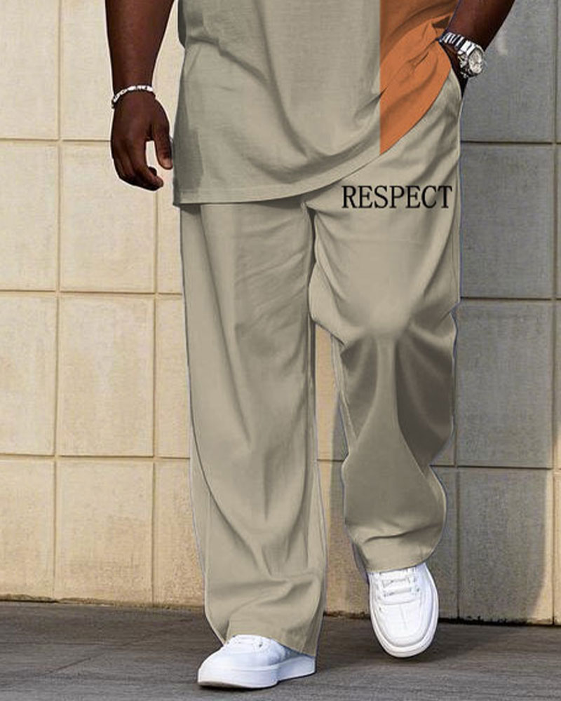 Men's Plus Size Casual Khaki & Test Colorblock "Respect" Chest Print Short Sleeve T-Shirt Trousers Suit