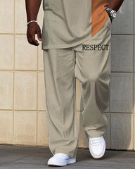 Men's Plus Size Casual Khaki & Test Colorblock "Respect" Chest Print Short Sleeve T-Shirt Trousers Suit