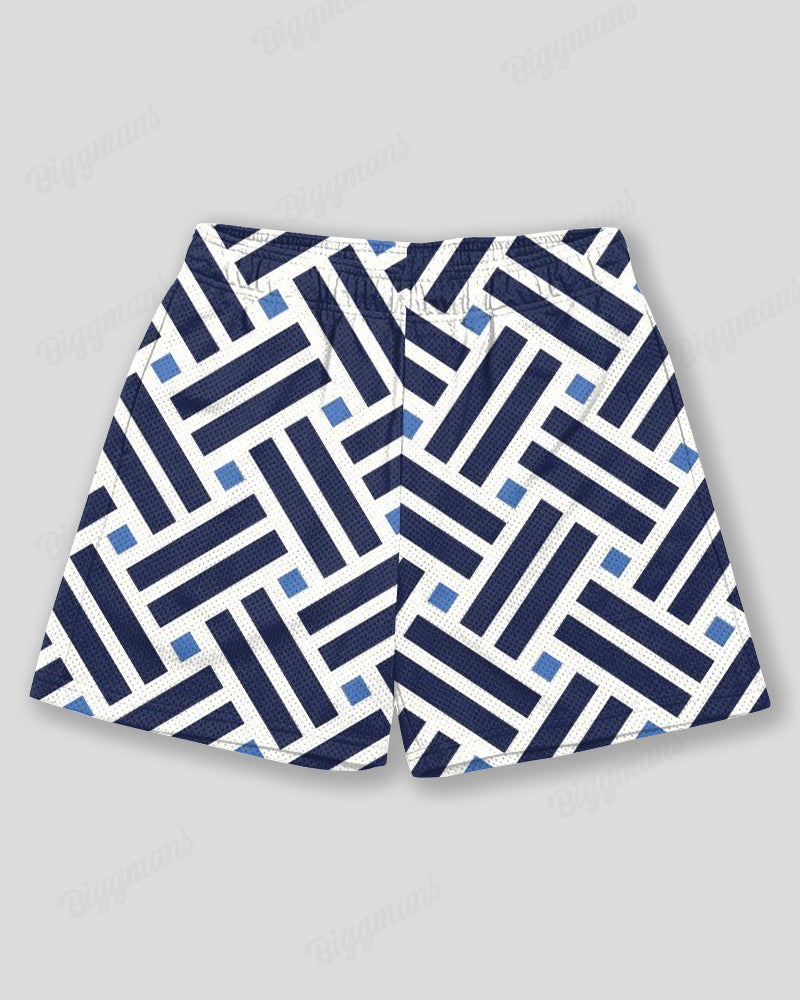 Plus Size Men's Blue Stripe Geometric Print Sports Mesh Quick Dry Shorts