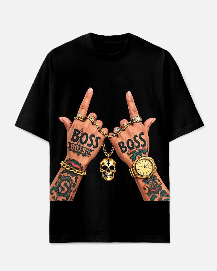 Big Men's Hip Hop Fashion Hand Silhouette BOSS Letter Printed Casual Short Sleeve T-shirt