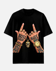 Big Men's Hip Hop Fashion Hand Silhouette BOSS Letter Printed Casual Short Sleeve T-shirt