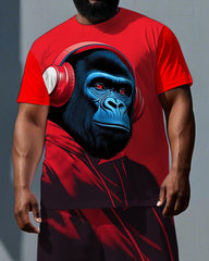 Big & Tall Men's Gorillas with Headphone Printed Summer Cool Short Sleeve T-shirt and Short Set