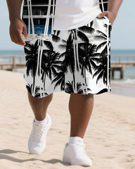 Big Men's Classic Hawaiian Coconut Trees Painting Style 2-Piece Short Sleeve Shirt Shorts Suit
