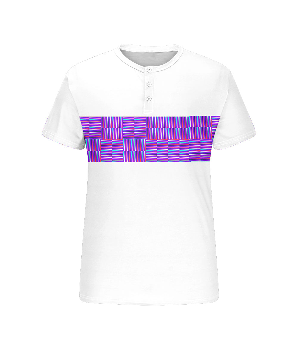 Big & Tall Men's White Spell Purple Stripe Geometric Print Henry Collar Button Short Sleeve T-Shirt