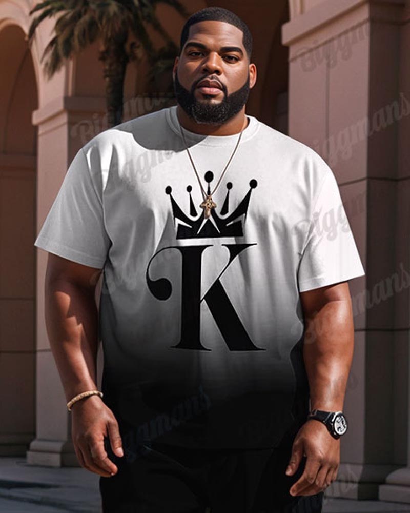 Men's Plus Size Black And White Gradient K Letter Print T-shirt Trousers Suit