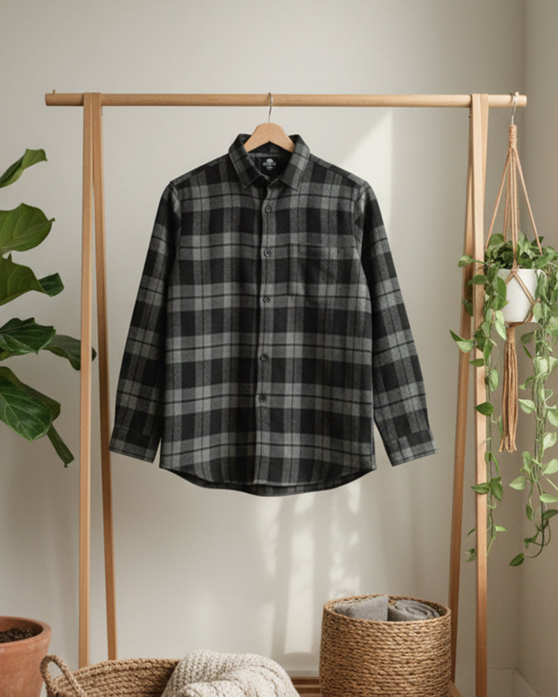 Big & Tall Men's Black-autumn/winter Commuter Plaid Flannel Fabric Long Sleeve Shirt