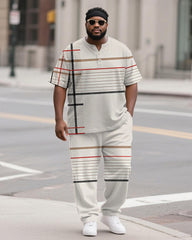 Men's Plus Size White Khaki Colorblock Stripe Print Henley Collar T-Shirt Trousers Suit