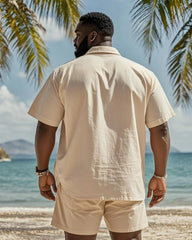 Big & Tall Men's Hawaiian Vacation Apricot Coconut Print Pocket Shirt Shorts Suit