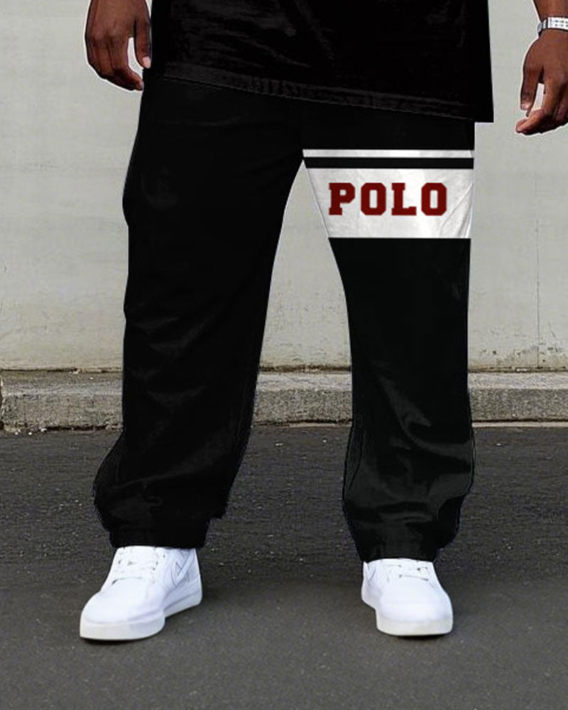 Men's Plus Size Black & Red & White Colorblock Printed Short Sleeve T-Shirt Trousers Suit