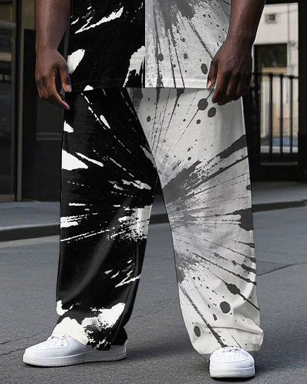 Men's Black & White Artistic Half Splicing Color Block Printed Big and Tall Short Sleeve T-shirt Pants Set