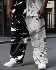 Men's Black & White Artistic Half Splicing Color Block Printed Big and Tall Short Sleeve T-shirt Pants Set