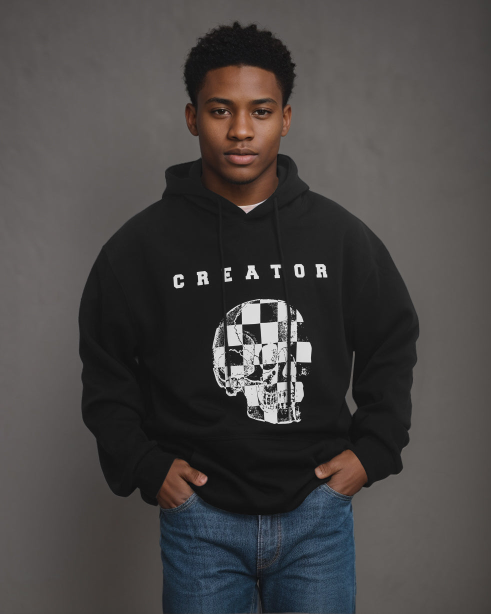 Cotton-checkerboard Design Skull Print Men's Loose Oversized Hoodie