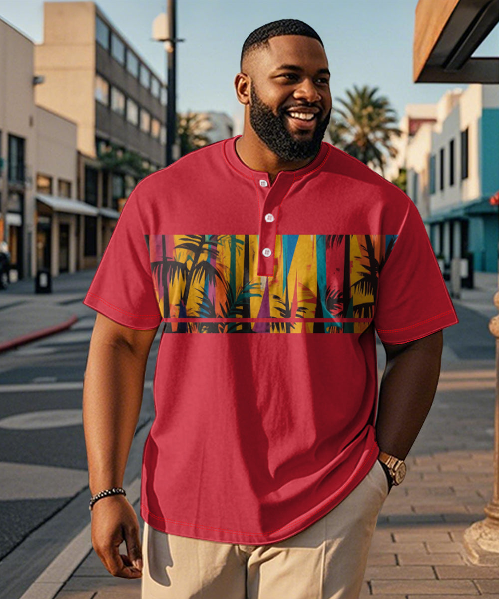 Men's Plus Size Hawaiian Red Coconut Tree Print Henry Collar Button Short Sleeve Tee