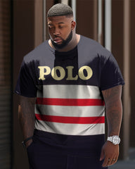 Big & Tall Men's Striped Color Matching Sports And Leisure Two-Piece Set
