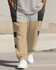Men's Plus Size Khaki Colorblock Striped Print Henry Collar T-Shirt Trousers Suit
