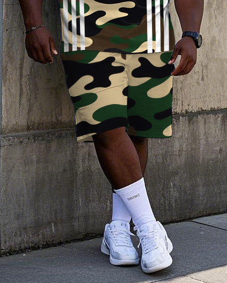 Big Men's Simple Camouflage White Stripe Printed Street Fashion Short Sleeve T-Shirt Shorts Set