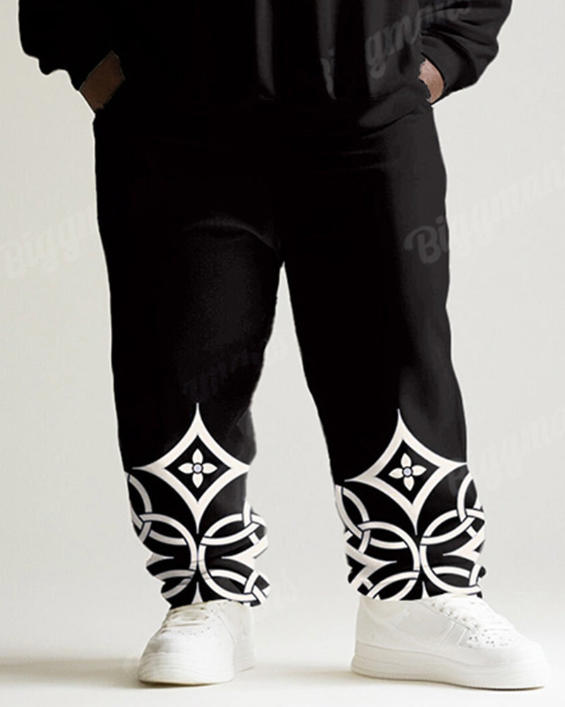 Men's Black Vintage Pattern Printed Plus Size Round Neck Sweatshirt Suit