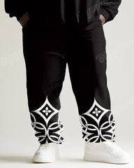 Men's Black Vintage Pattern Printed Plus Size Round Neck Sweatshirt Suit