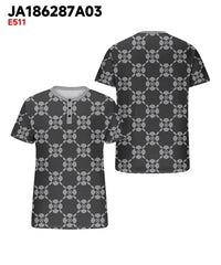 Men's Plus Size Daily Casual Black Grey Diamond Geometric Print Henry Collar Button Short Sleeve T-Shirt