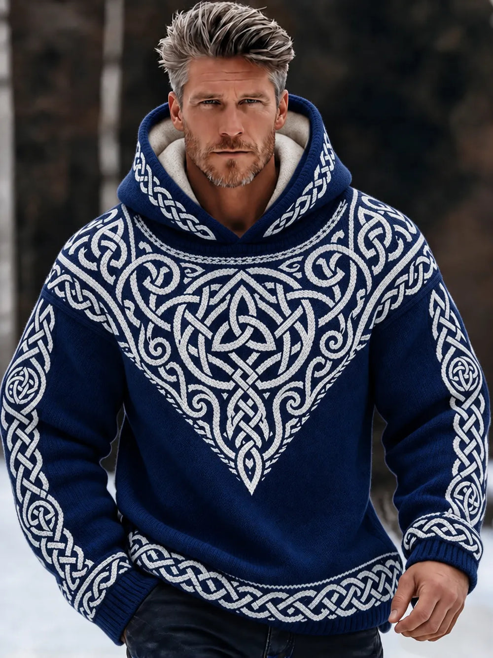 Men's Retro Viking Tribal Celtic Printed  Knit Hooded Sweater