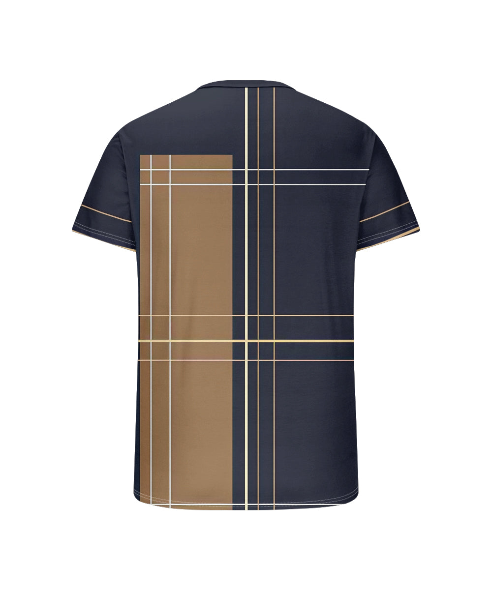Men's Plus Size Blue Khaki Colorblock Geometric Print Henry Collar Button Short Sleeve Tee