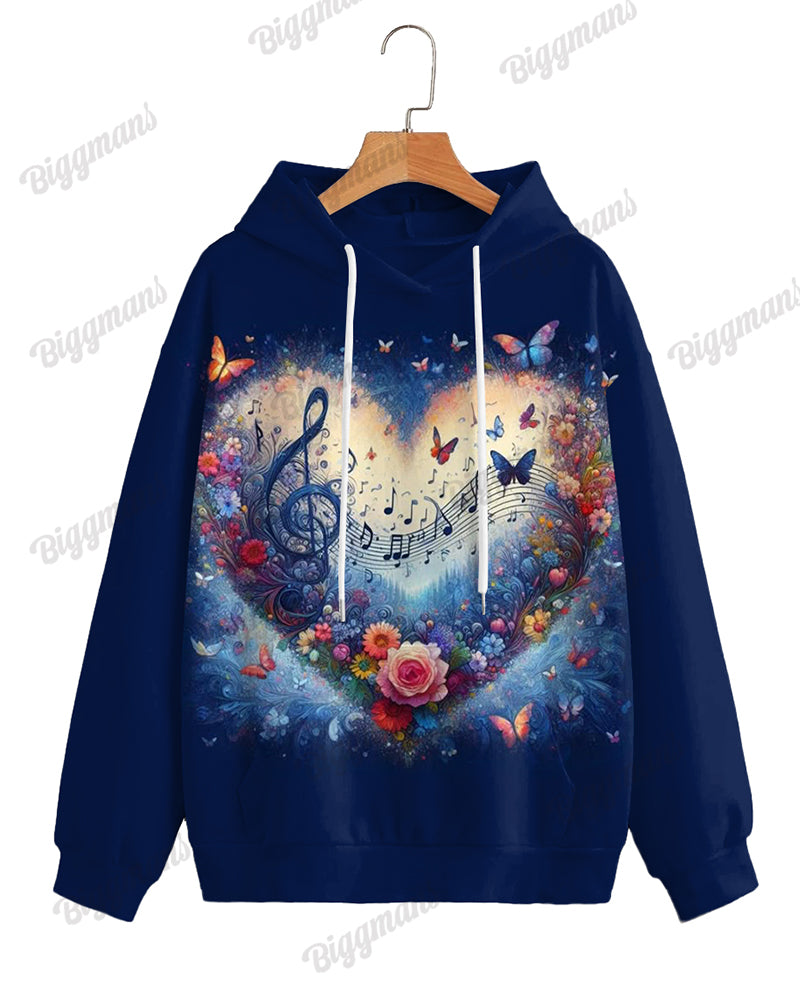 Women's Big & Tall Flowers and Musical Notes Print Long Sleeve Hoodie