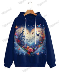 Women's Big & Tall Flowers and Musical Notes Print Long Sleeve Hoodie