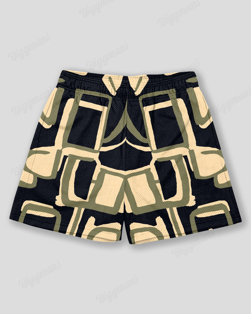 Plus Size Men's Black And Green Color-block Geometric Print Sports Mesh Quick-dry Shorts