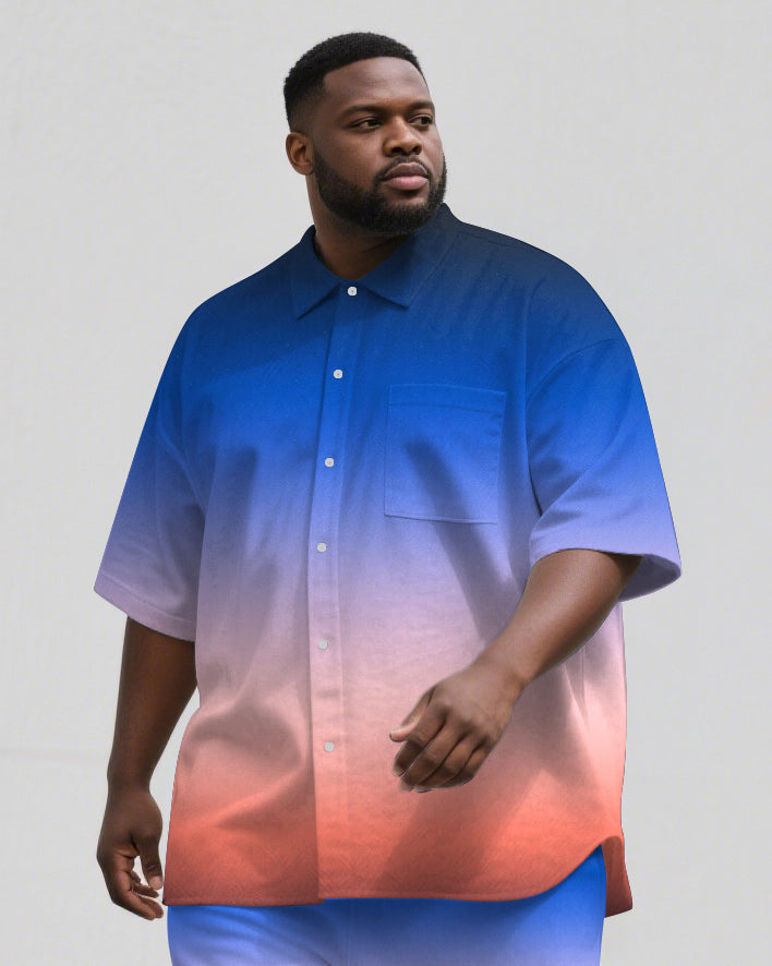 Men's Simple Sunset Gradient Effect Big and Tall 2-Piece Short Sleeve Shirt and Shorts Suit