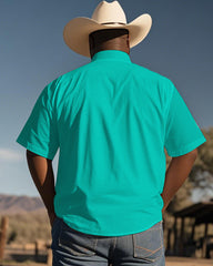 Men's Plus Size Western Style Turquoise Green Patchwork Aztec Print Short Sleeve Shirt