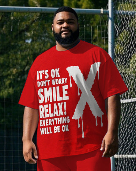 Men's Street Fashion Brushing X Letter Printed Big & Tall Short Sleeve T-shirt Pants 2-piece Set