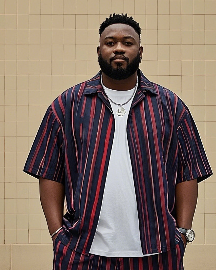 Big Men's Red And Blue Striped Color Block Printed Short Sleeve Shirt Shorts Suit