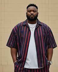 Big Men's Red And Blue Striped Color Block Printed Short Sleeve Shirt Shorts Suit