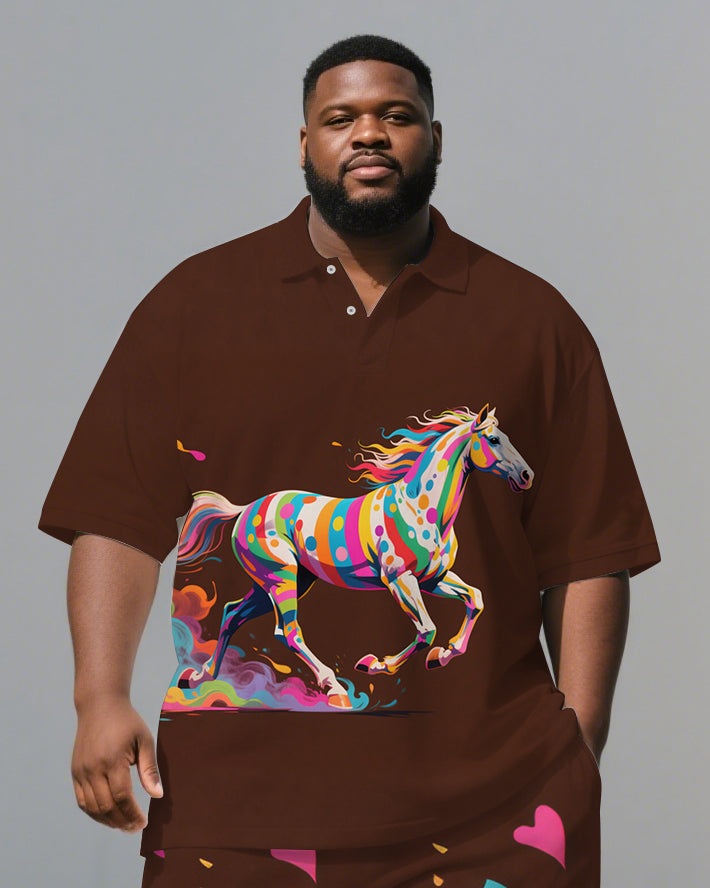 Big Guy's Casual Artistic Colorful Horse Cartoon Printed Short-Sleeve Polo Shirt & Shorts Set