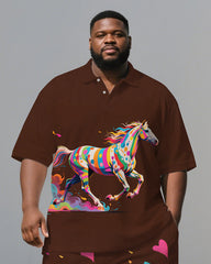 Big Guy's Casual Artistic Colorful Horse Cartoon Printed Short-Sleeve Polo Shirt & Shorts Set