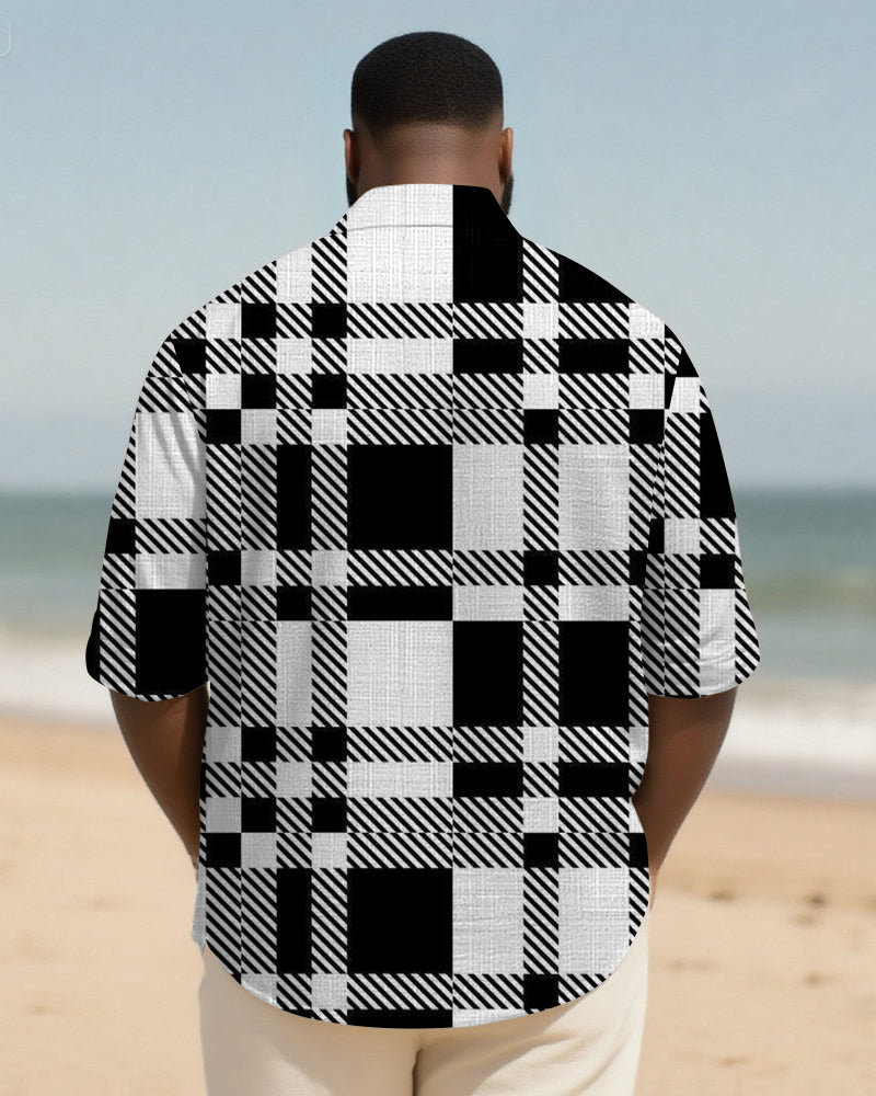 Big & Tall Men's Black And White Long Sleeve Bamboo Hemp Texture Shirt