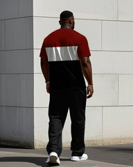 Men's Plus Size Black & Red & White Colorblock Printed Short Sleeve T-Shirt Trousers Suit