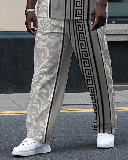 Men's Big and Tall Artistic Retro Floral Geometric Pattern Printed Casual Short Sleeve T-shirt Pants Set
