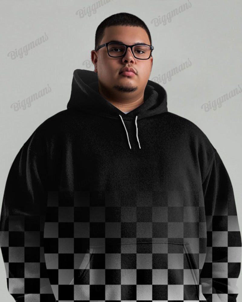 Autumn And Winter Gradient Checkerboard Print Men's Plus Size Hoodie Suit