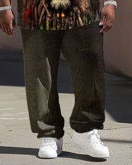 Men Plus Size Street Fashion Graffiti Lion Print T-Shirt Trousers Suit