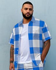 Big Men's Classic Blue & White Plaid Printed Pocket Short Sleeve Shirt and Shorts Set