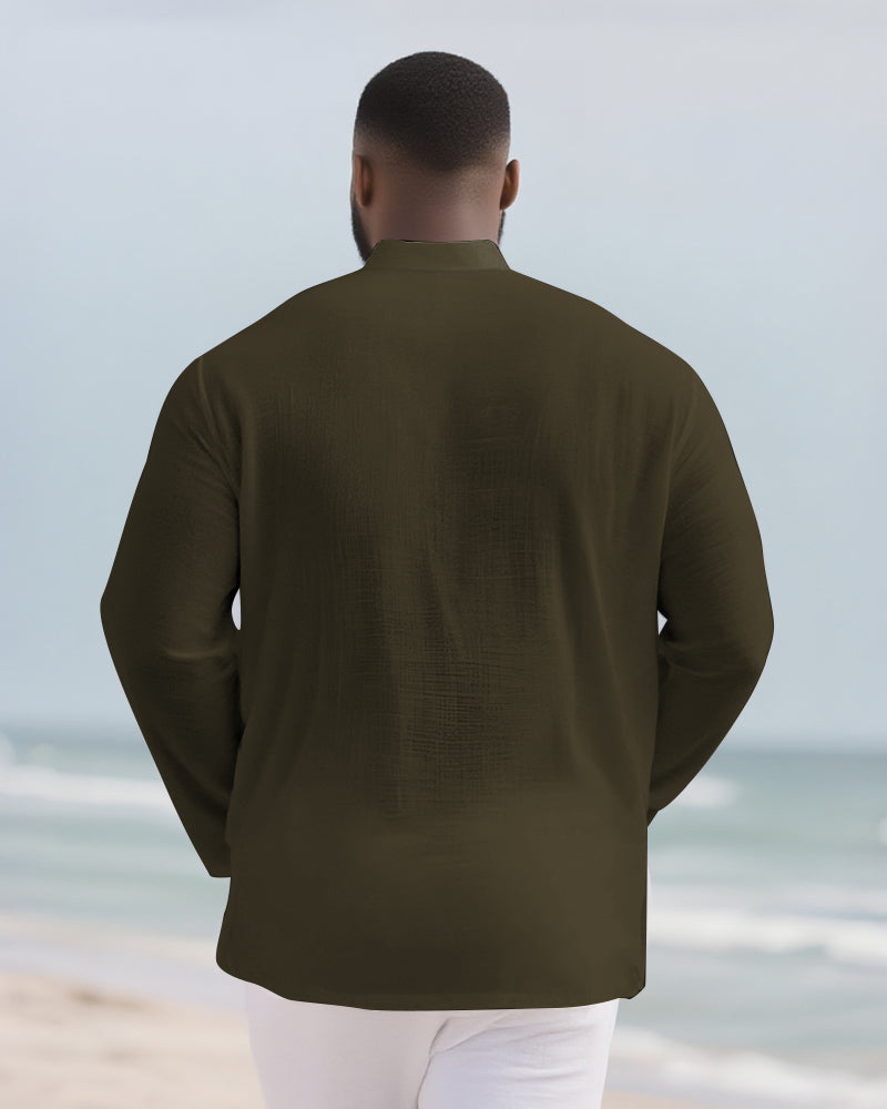 Big & Tall Men's Everyday Solid Color Bamboo Hemp Texture Henry Collar Long Sleeve Shirt