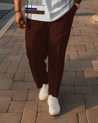 Men's Plus Size Brown Colorblock Stripe Geometric Print Henley Collar T-Shirt Trousers Suit
