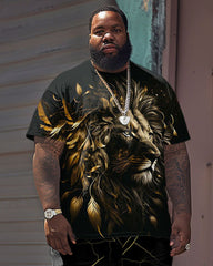 Men's Plus Size Street Casual Golden Painting Lion Print T-Shirt Shorts Suit