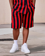Big Men's-Hot Red And Black Striped Color Block Printed Short Sleeve Shirt Shorts Suit