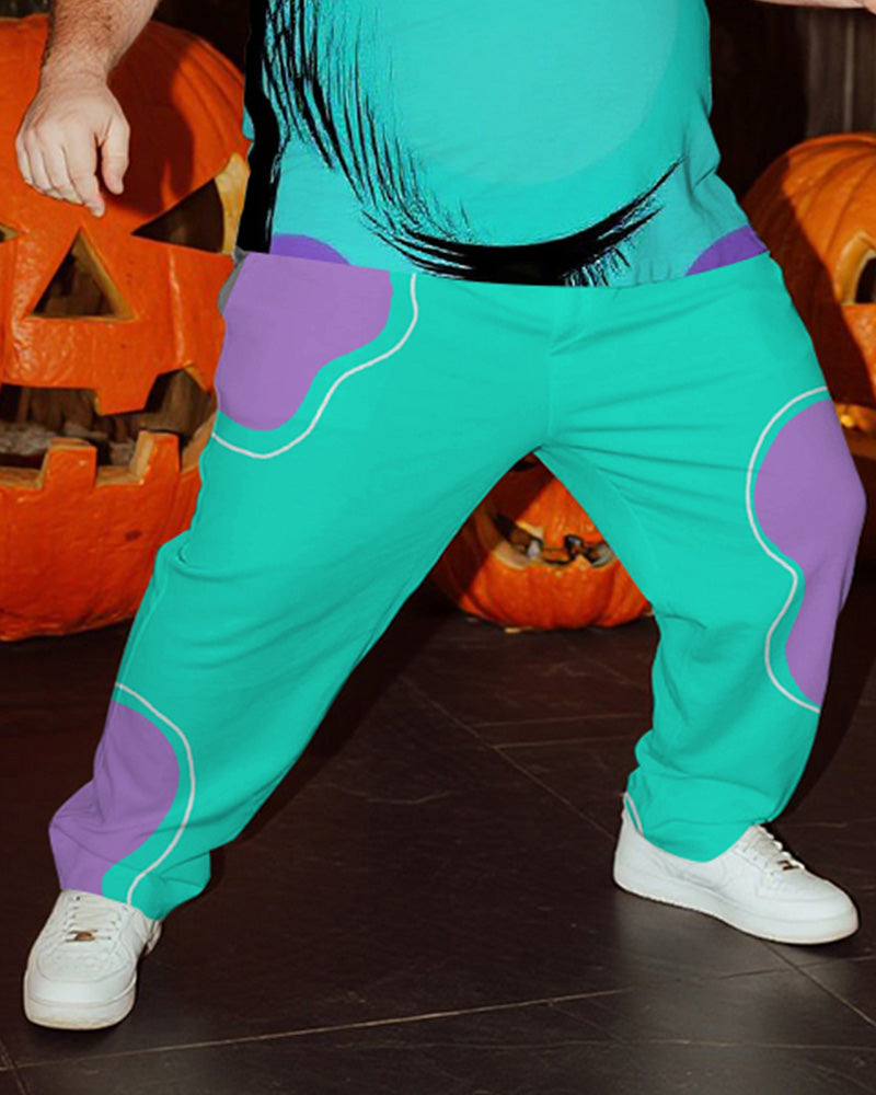 Big & Tall Men's Halloween Blue Poll Dot Belly Graffiti Cosplay Printed T-Shirt Trousers Suit