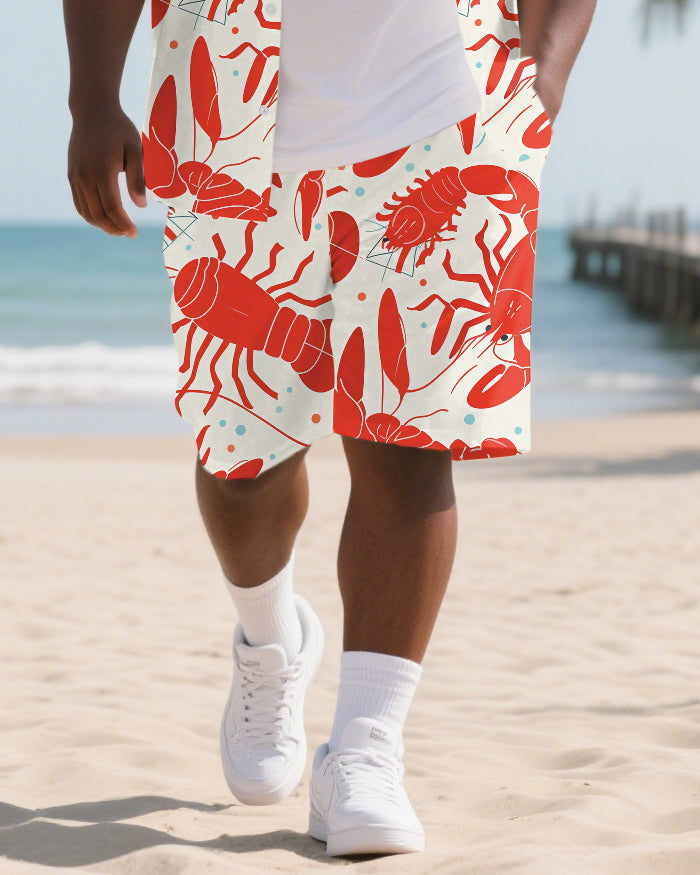 Men's Daily Casual Lobster Printed Big and Tall Short Sleeve Shirt Shorts 2-Piece Set
