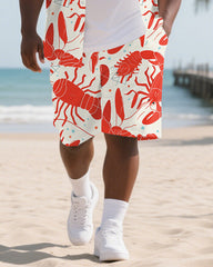 Men's Daily Casual Lobster Printed Big and Tall Short Sleeve Shirt Shorts 2-Piece Set